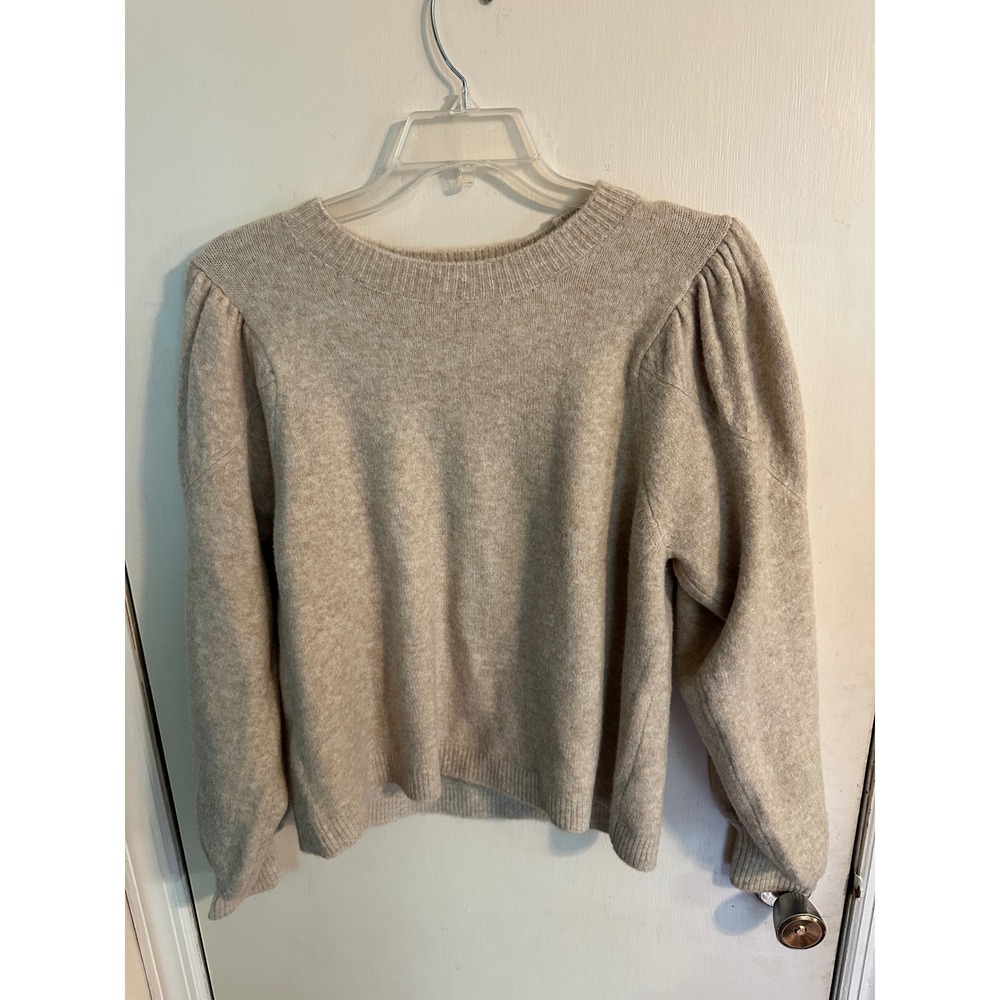 Mango MNG Womens Wool Blend Puff Regency Lantern Sleeve Sweater Retro Beige XL